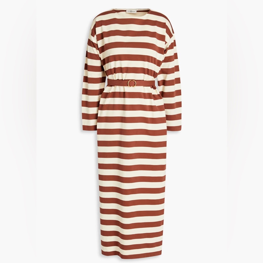 Brown and White Stripe Jersey Dress Long Sleeve